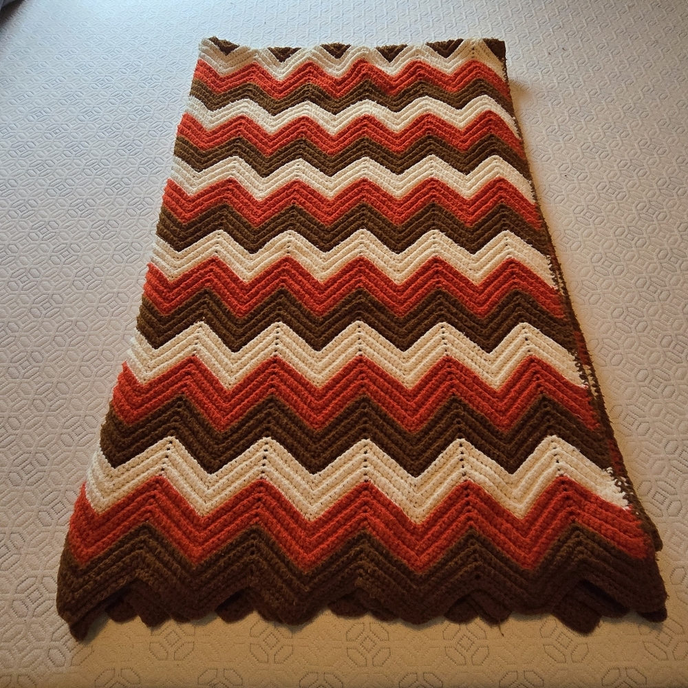 Chevron Knit Blanket in Brown, Red-Orange, and White